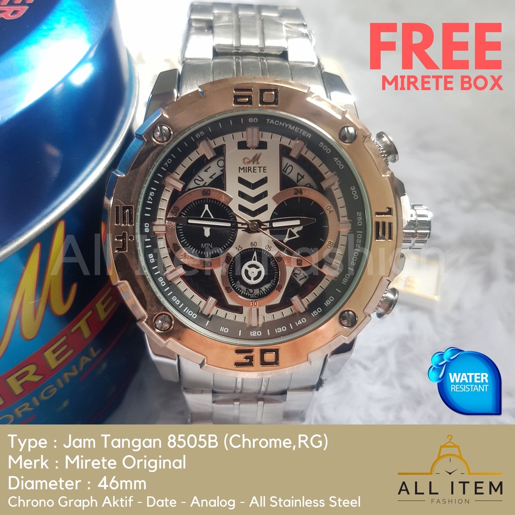 Jam Tangan Chrono Rantai MIRETE 8505B / Jam Tangan Pria Anti Air ORI / Arloji / Watches (FREE BOX)