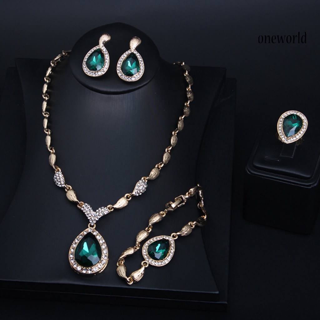 OW@ Jewelry Set Artificial Crystal Elegant Women Water Drop Shape Necklace Earrings Set for Party