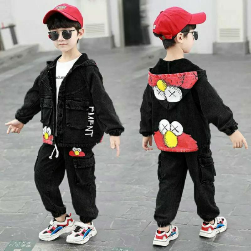 Setelan Baju Anak Laki Usia 4 5 6 Tahun-Setelan Jaket Anak Laki-laki-Setelan Jeans Jep Elmo New