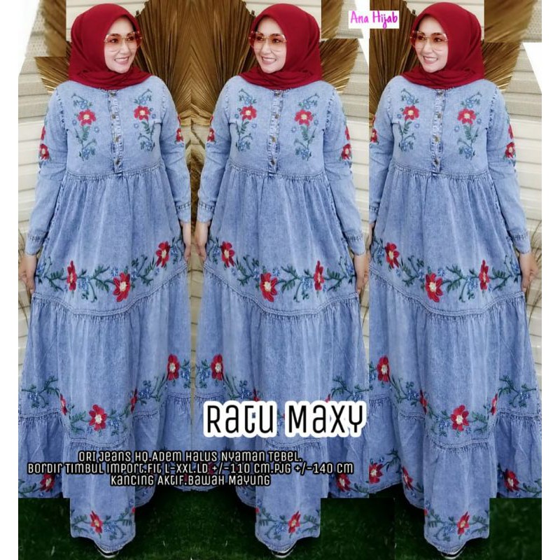 Ratu Maxi Bahan Jeans Ori All Maxi, Kancing Aktif Bawah Mayung Anahij