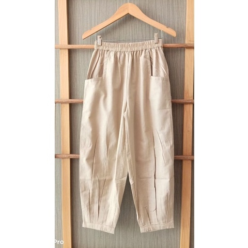 CoD- Hinata Pants- Celana Santai 7/9- Celana Kulot Wanita- Celana Baggy Rami Premium- Celana Panjang-Cream