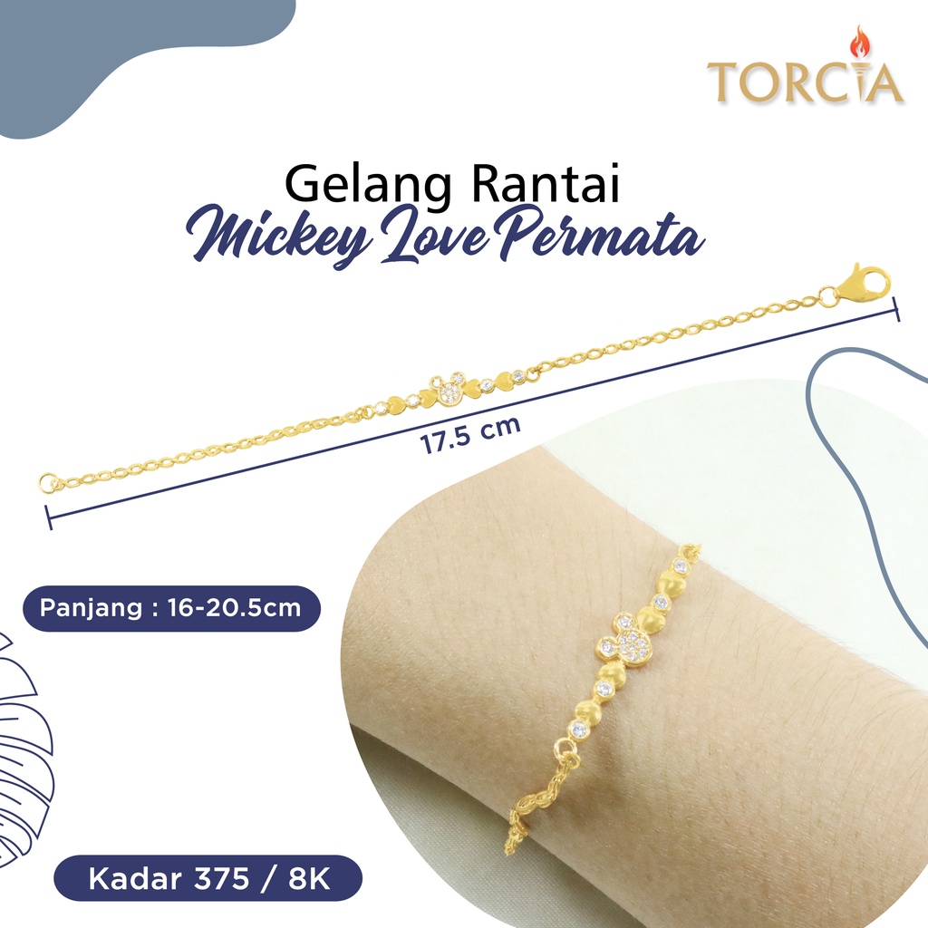 Gelang Rantai Emas Asli Mickey Love Permata Kadar 375 Torcia