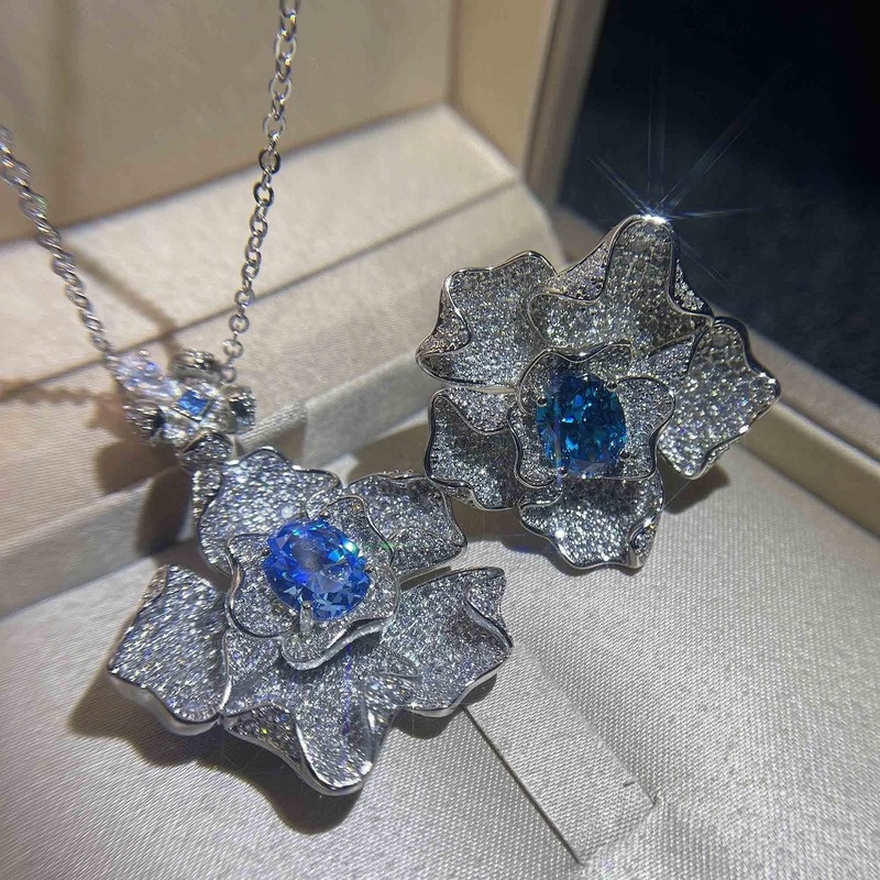 Premium Custom Luxury Full Diamond Navy Blue Sapphire Necklace