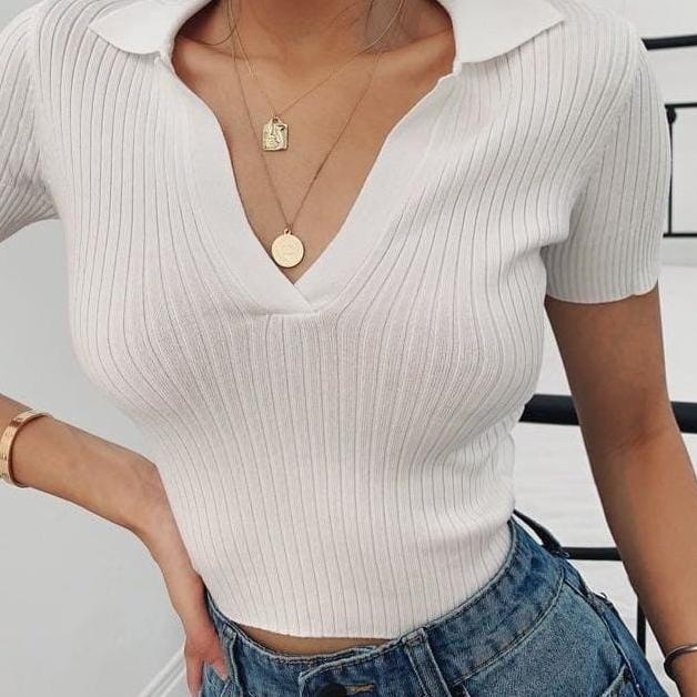 atasan crop top rajut / kaos kerah polo wanita / crop kerah lengan pendek & crop lengan panjang