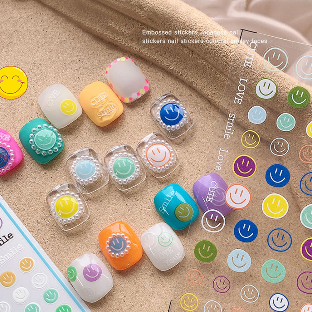 ELEGANT Salon Nail Water Slide Decals Japanese Nail Decoration Smiley Nail Sticker Embossed New Colorful Self-Adhesive Cartoon Flowers DIY Nail Art