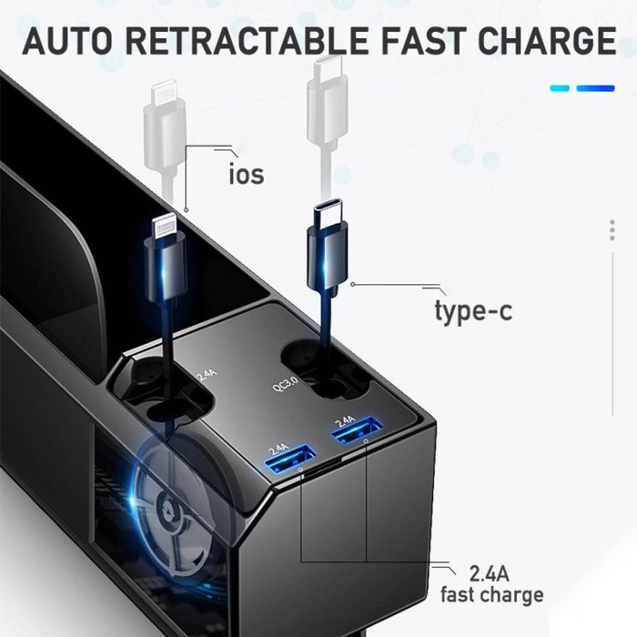 Smart Car Seat Gap Dual Charging Cables Quick Charge Dan 2 USB Port Rak Samping Jok Mobil Organizer