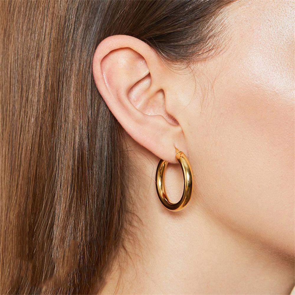 NEEDWAY Anting Hoop Geometris Trendi Telinga Gesper Lingkaran Gaya Keren Logam Glossy Gadis Gaya Korea Earrings