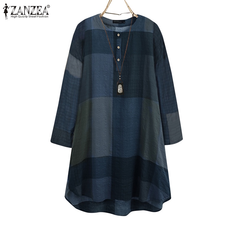 ZANZEA Women Long Sleeve O-Neck Buttons Front Plaid Printing Loose Midi Dress