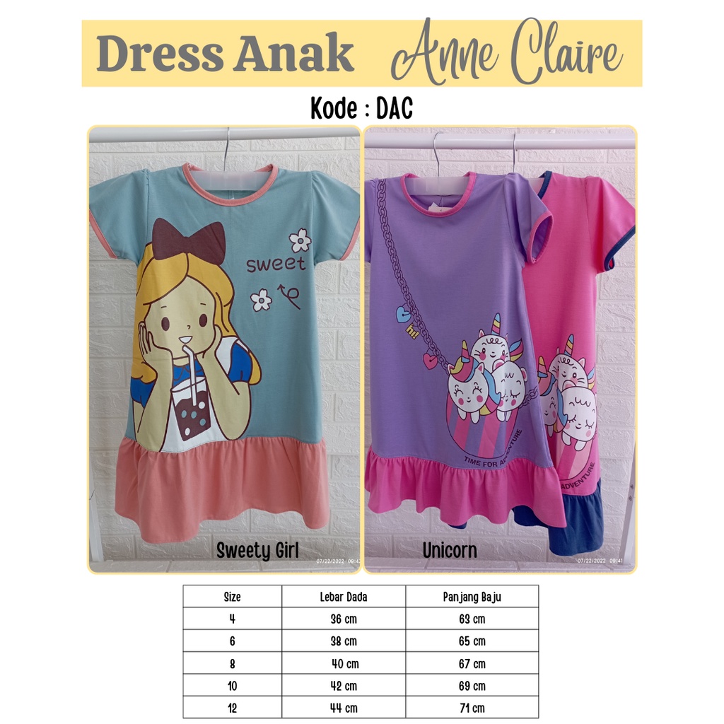 Daster Lengan Pendek Anak Cewek Perempuan ANNE CLAIRE Baju Tidur Anak Bahan Kaos Dress Rumah Anak Pe
