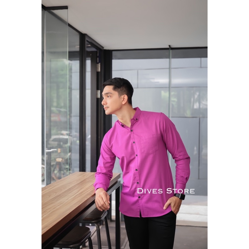 Kemeja pria polos slimfit kasual basic HeM lengan panjang ungu