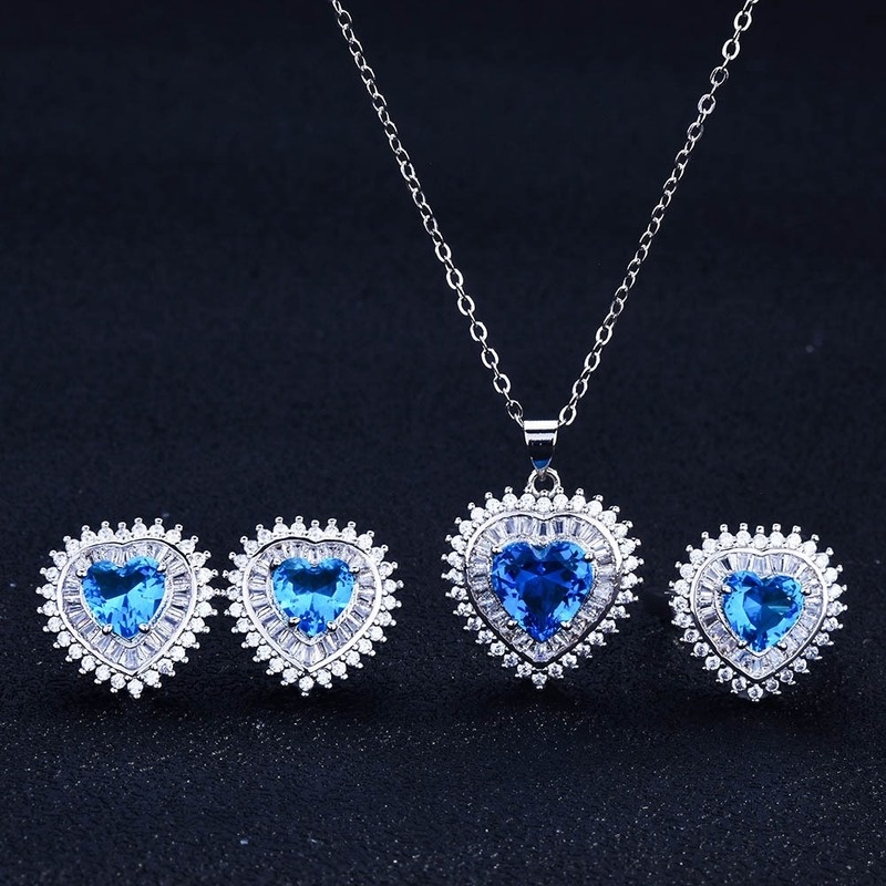 [Ready Stock]Necklace Natural Sapphire Crystal Rings Ear Studs Set