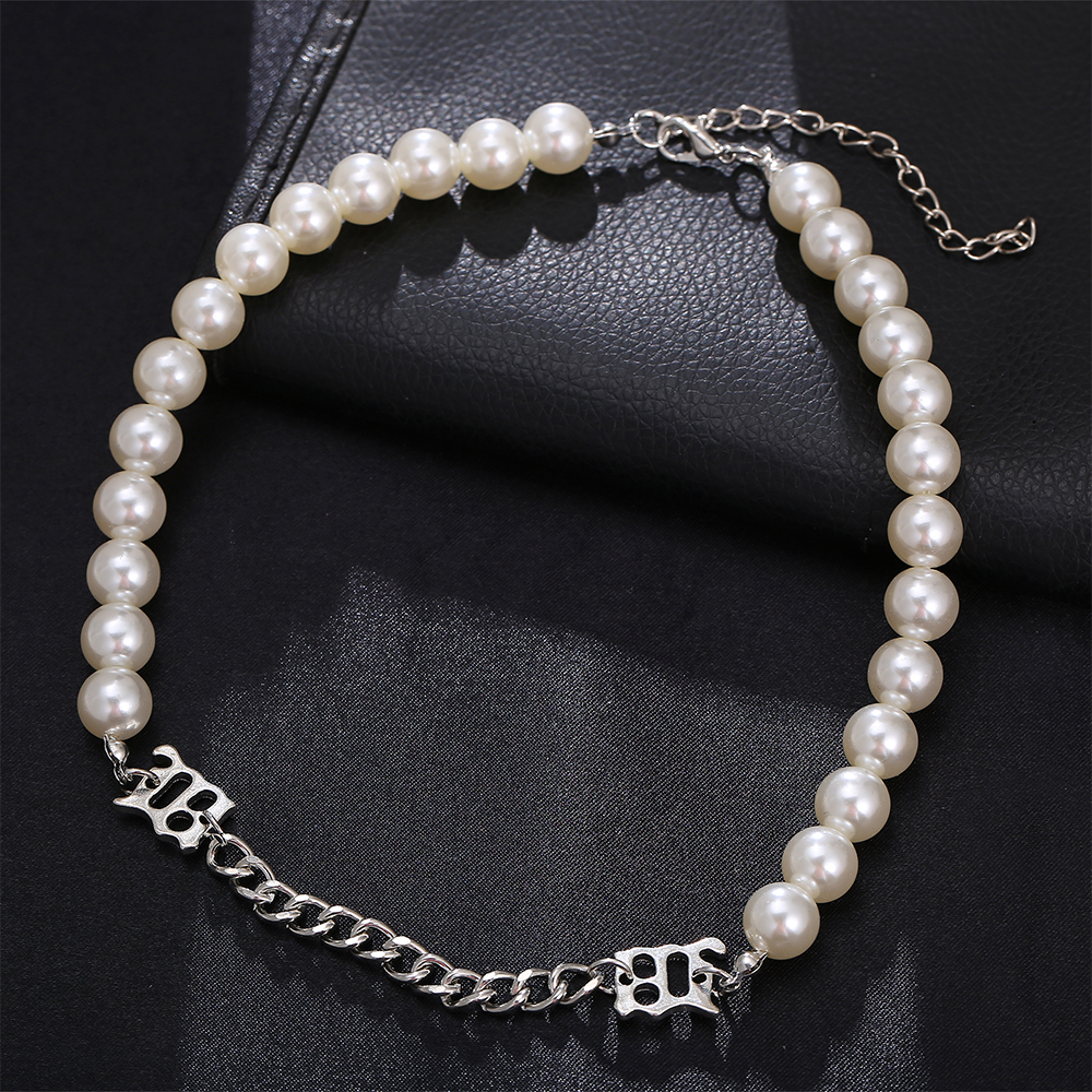 AY(CN) Retro Fashion Pearl Necklace Creative Letter Pendant Choker Elegant Silver Chain Jewelry Accessories Gift