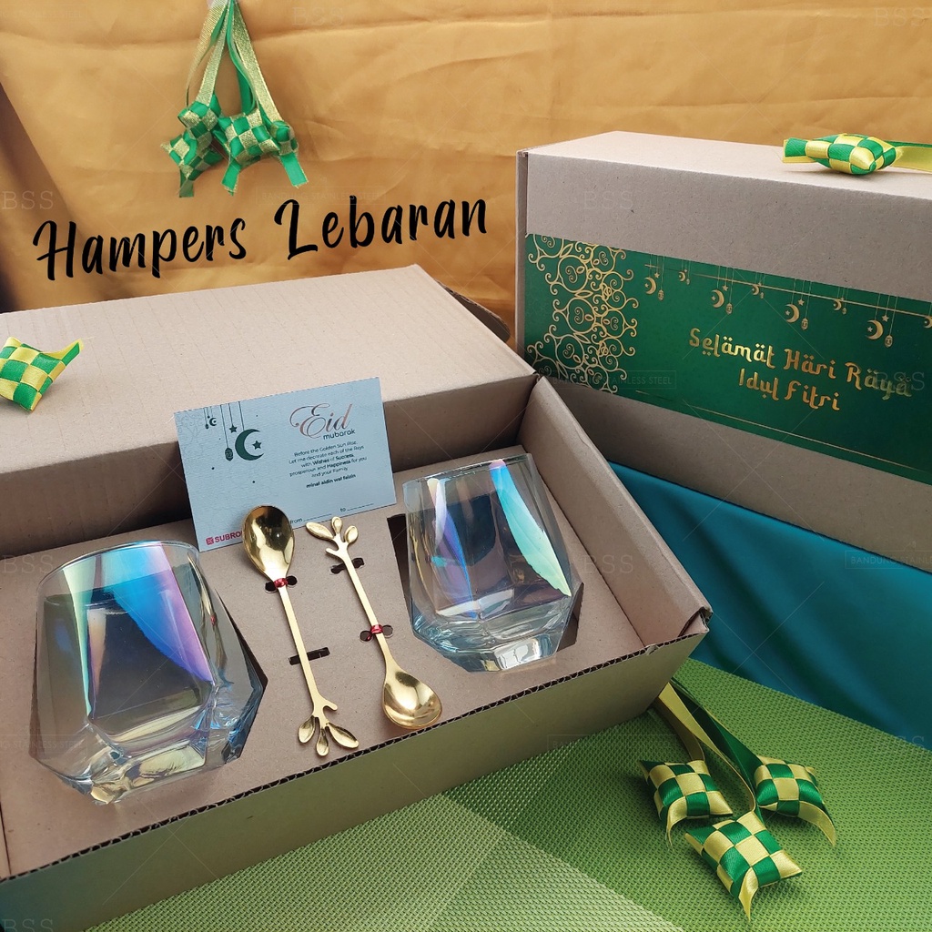 Hampers gelas kaca cantik Lebaran Idul Fitri kado hadiah gift parcel sendok aesthetic