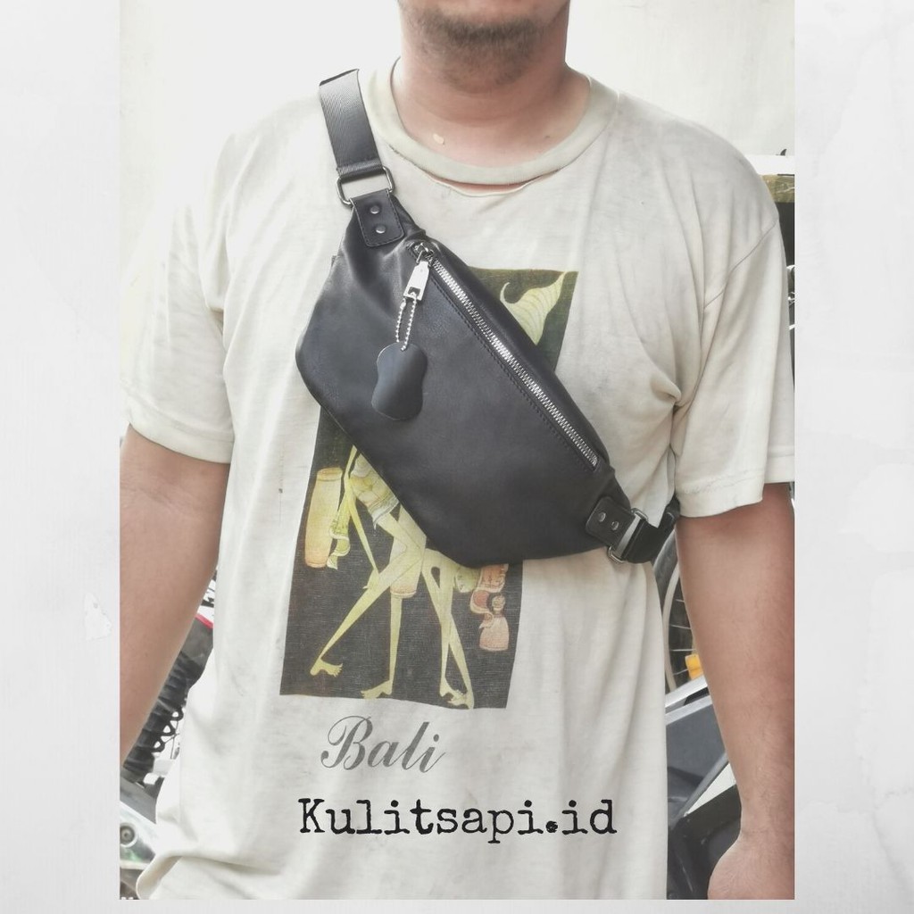 Tas kulit asli pria waistbag simple Man in black