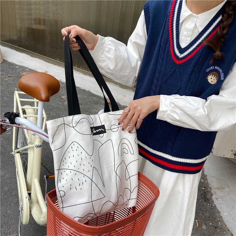 TC-93 tas canvas kanvas tote bag wanita line printing import korea jepang high quality