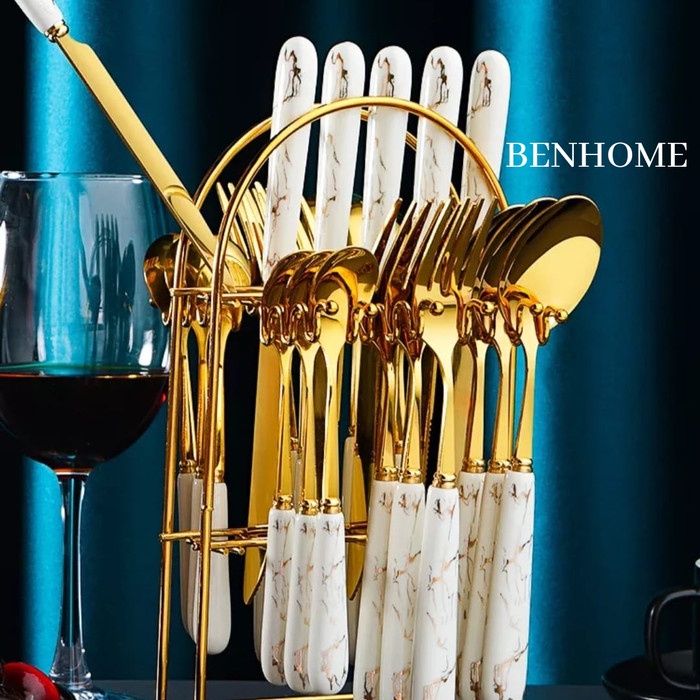 Cutlery Set - Marble Cutlery Set Gold Sendok Set Marble Emas Mewah + Rak Sendok