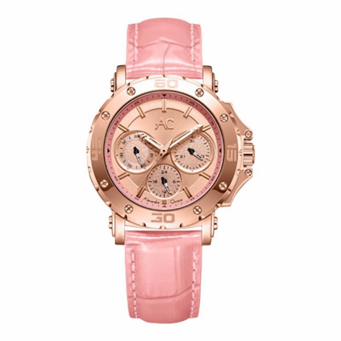 Jam tangan wanita Alexandre Christie AC 9205 leather pink rosegold Garansi