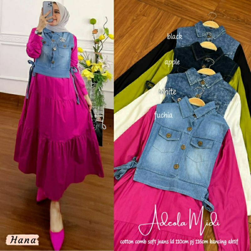 Adeola midi gamis rayon twill vest rompi jeans gamis premium