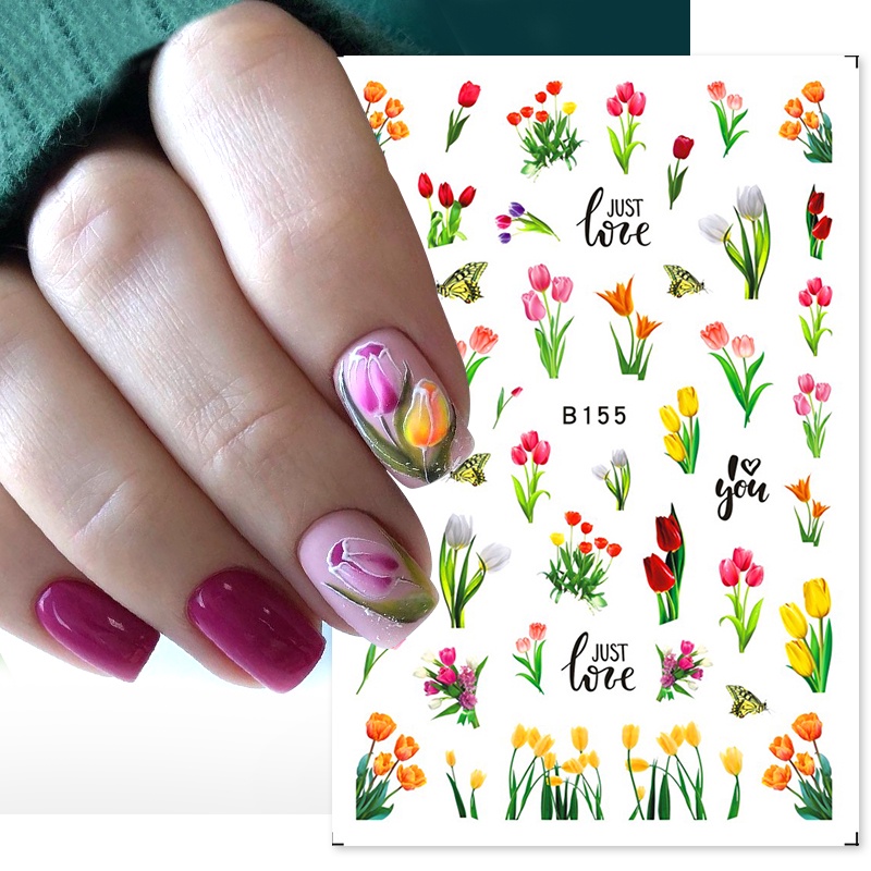 1 Lembar Stiker Kuku 3D Desain Bunga Tulip Warna-Warni Untuk Dekorasi Nail Art