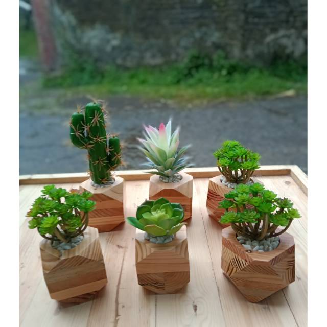 Sukulen kaktus artificial lengkap sama pot kayu geometric Sukulen kaktus artificial lengkap sama pot kayu geometric