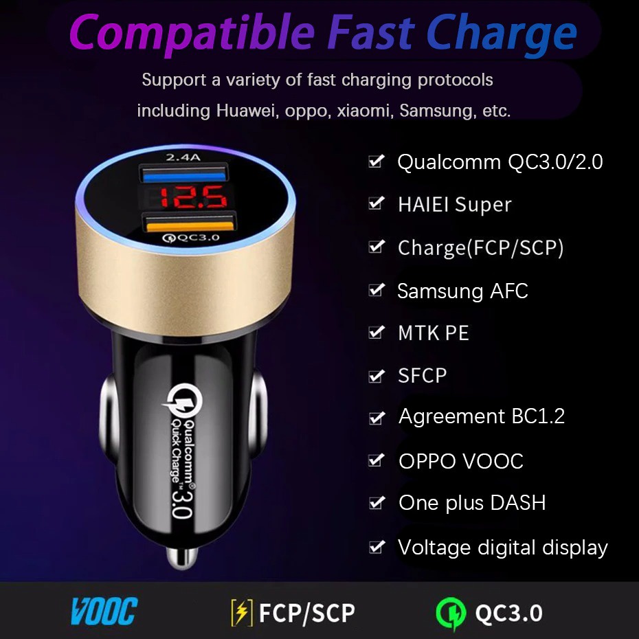 Charger Mobil Dual USB Port QC3.0 2.4A LCD Display - LE001 - Black