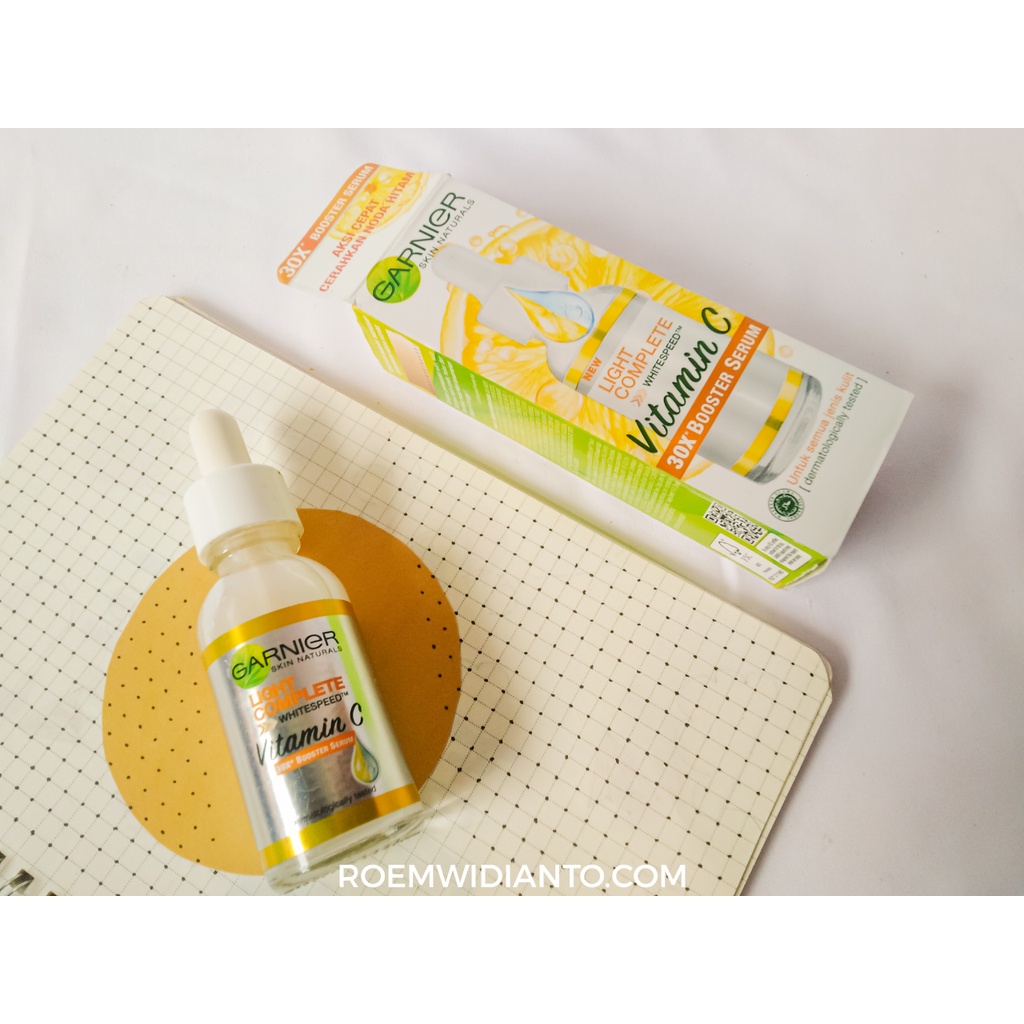 Garnier Light BRIGHT Complete Vitamin C 30x Booster SERUM Wajah (Cerahkan Noda Hitam) - 30 ml / 15 ML / Sachet 7,5 ML - Yuzu Kuning Ukuran Kecil Besar Sacet Saset BPOM Wajah Putih Glowing