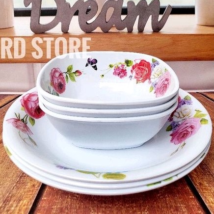 PROMO 6.PCS SET 3.PIRING 3.MANGKOK MELAMINE MOTIF ROSE