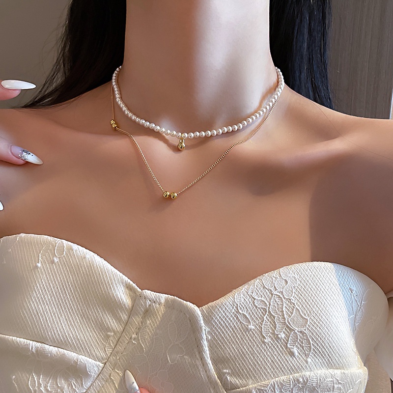 IFYOU Kalung Choker Rantai Multilayer Desain Kupu-Kupu Aksen Mutiara Gaya Korea Untuk Wanita