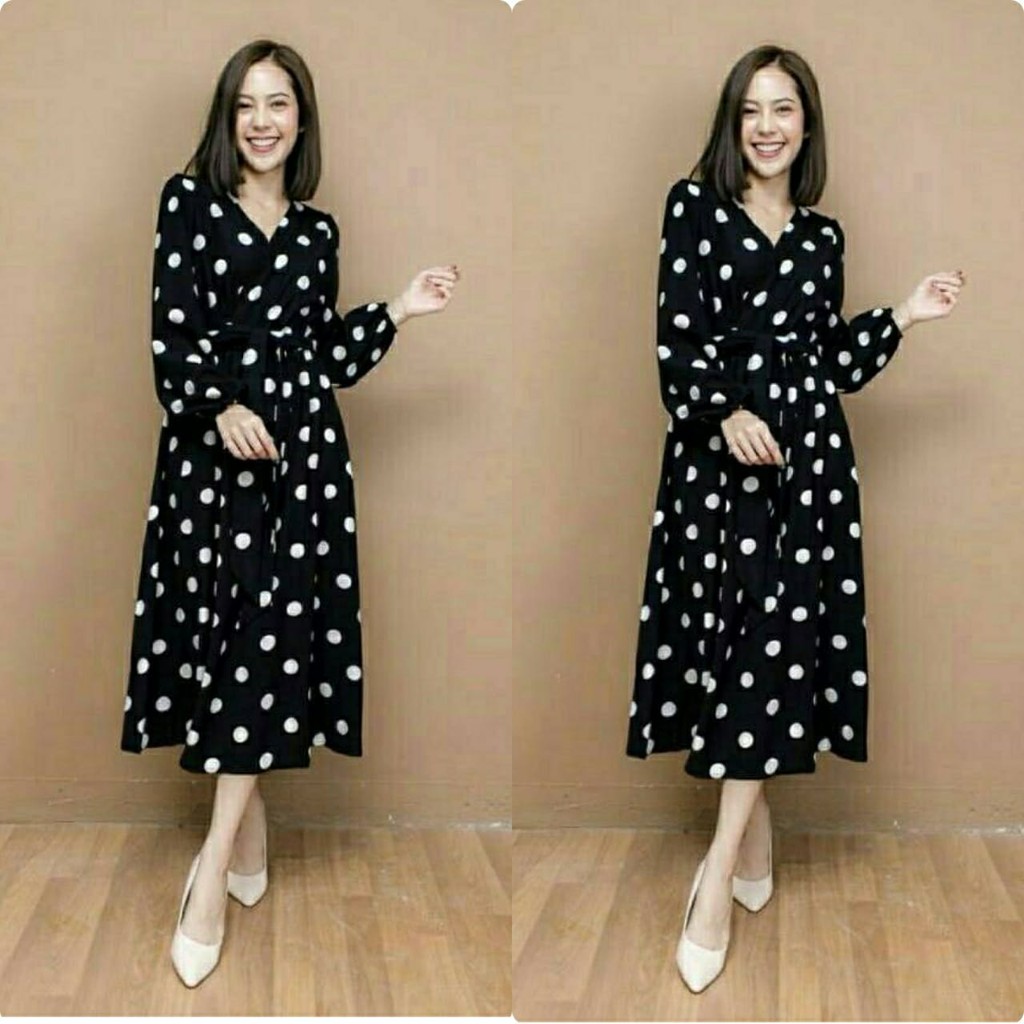 DOTS DRESS / DRESS WANITA / PAKAIAN WANITA / CASUAL DRESS /DRESS PANJANG/ POLKADOT DRESS/DRESS KOREA