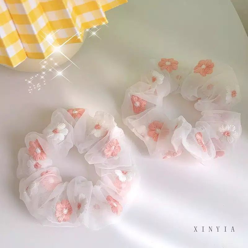 Ikat Rambut Korea Scrunchie Daisy Bunga Rambut Karet Rambut Chiffon Wanita