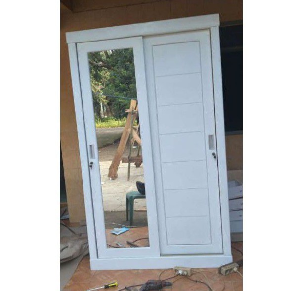 lemari minimalis sleding cat duco putih - lemari kayu solid - lemari kaca - lemari Jepara