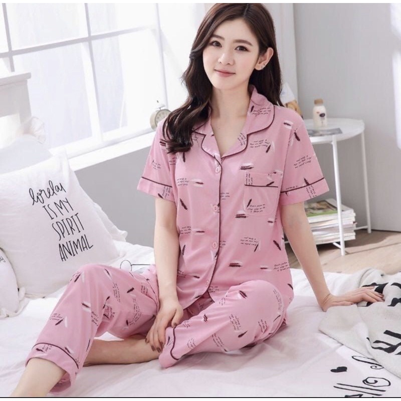 BAJU TIDUR ABG MOTIF KANCING KRAH SETELAN CELANA PANJANG KAOS KATUN IMPORT MOTIF TERBARU ALL SIZE