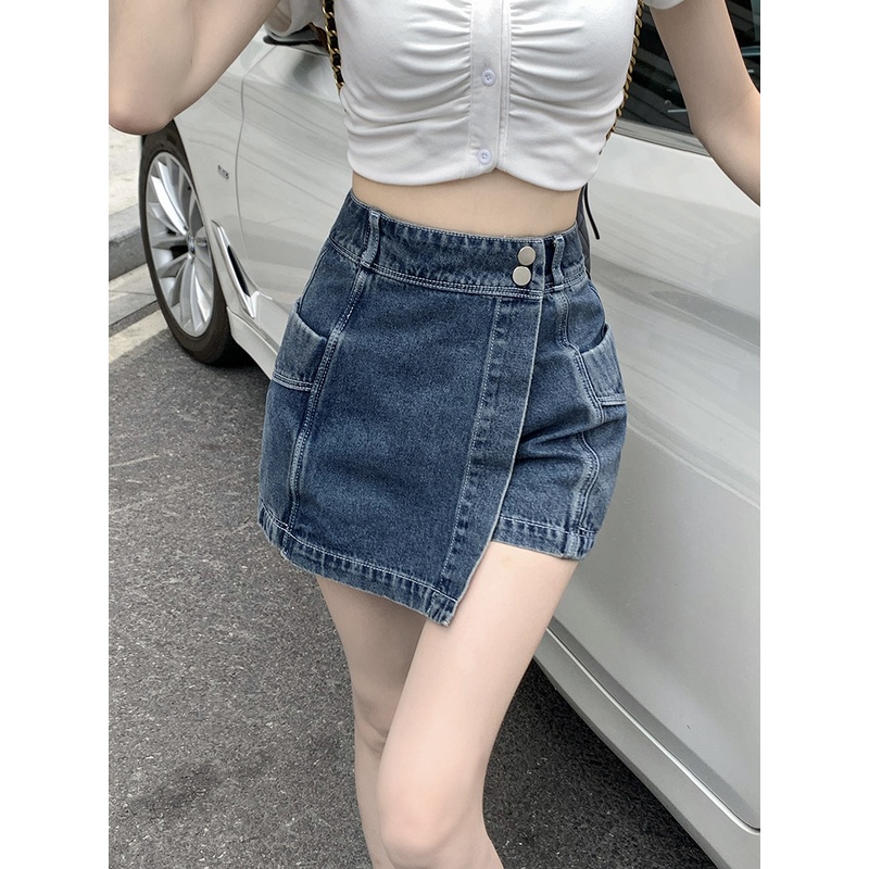 Kulot denim tidak beraturan wanita biru retro hot girl pinggang tinggi pelangsing pinggul rok musim