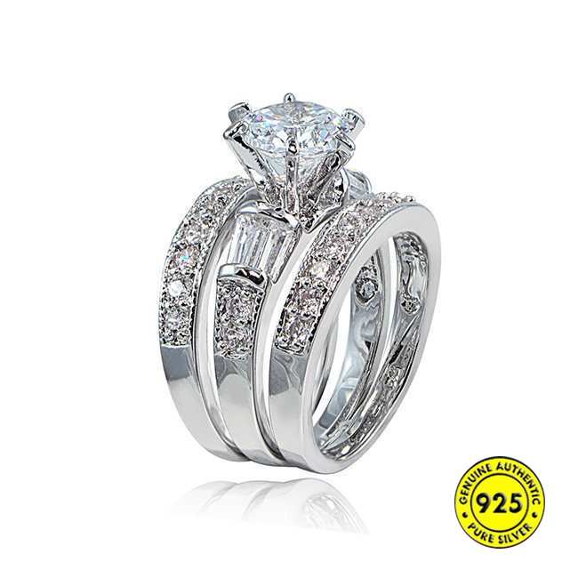 S925 Perak Baru Kreatif Persegi Panjang Zirkon Tiga Cincin Set Eropa dan Amerika Sterling Silver Cincin Pertunangan Perhiasan