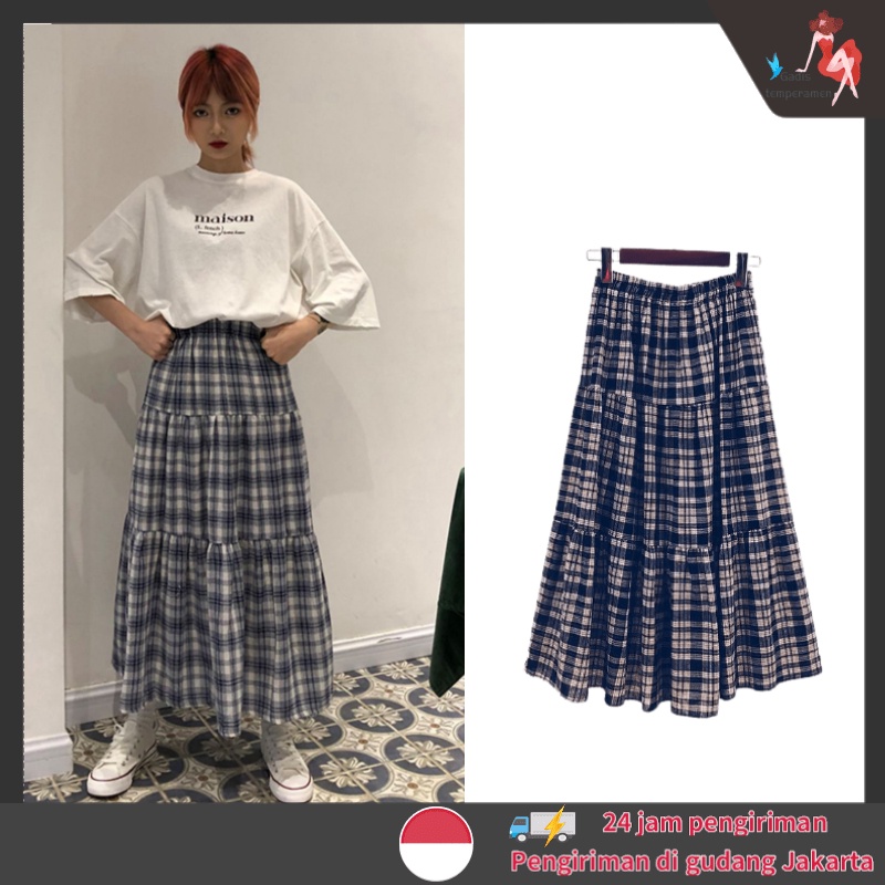 AMIEE - Korean Style Rok Span Kotak Kotak Hitam Rok Highwaist Panjang Tartan