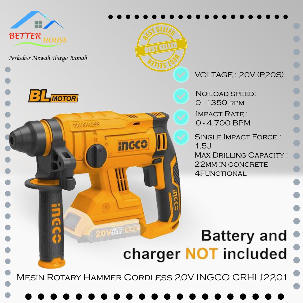 MESIN BOR PALU ROTARY HAMMER CORDLESS 20V INGCO CRHLI2201 UNIT ONLY