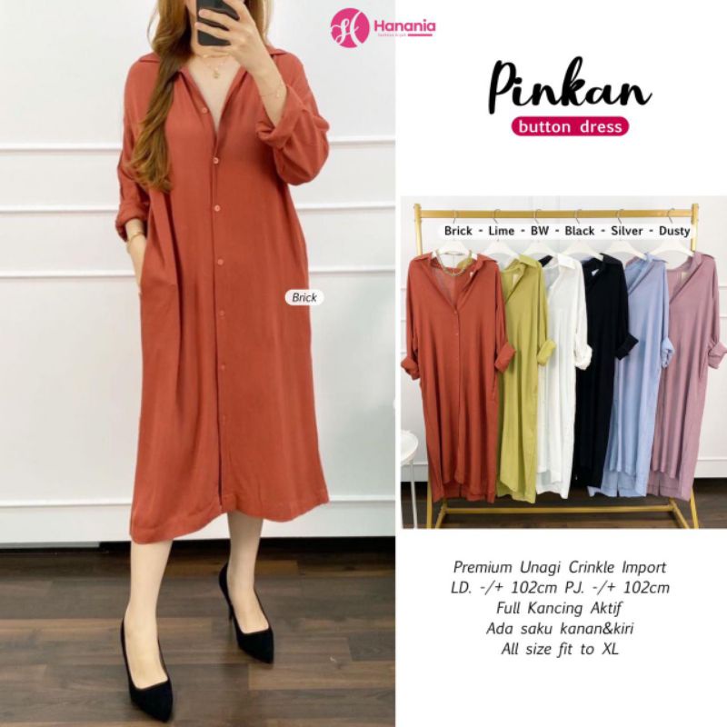 pinkan button dress full unagi crincle import full kancing aktif ada saku kanan kiri all size hanani