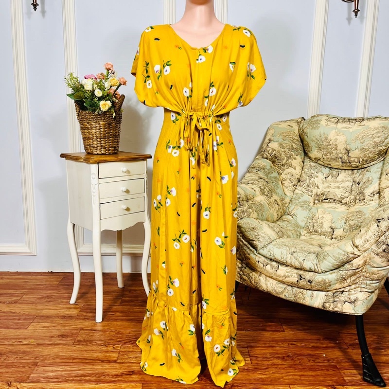Daster Semata kaki Rayon Manohara Ruffle Busui Panjang Semata Kaki LD 120 Long Dress kekinian - Longdress semata kaki-Yellow Rose