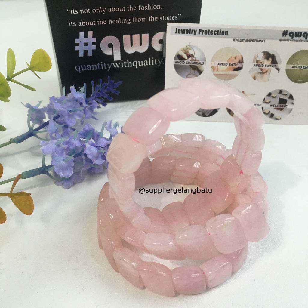 Gelang Batu ROSE QUARTZ CUTTING PANJANG limited natural asli akik PINK