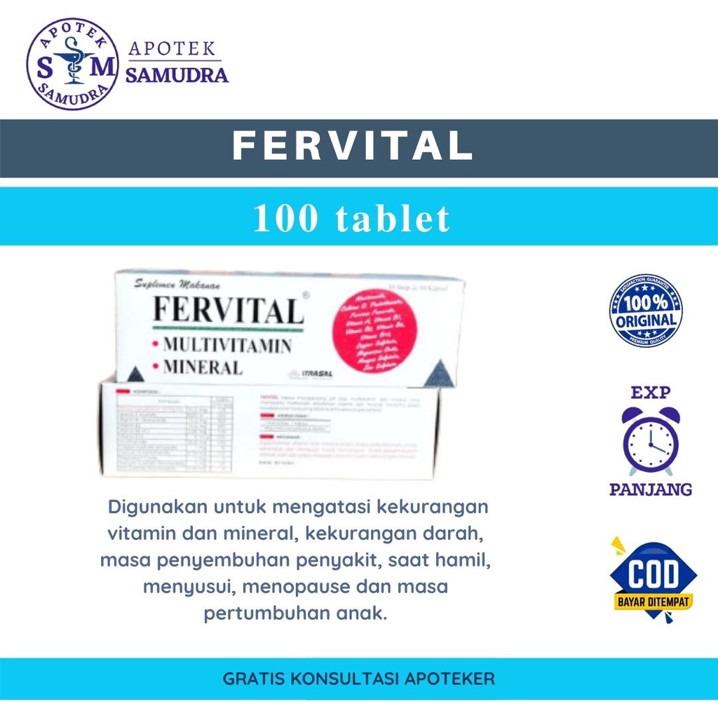 FERVITAL Kaplet - Box isi 100 Tablet (obat anemia, obat penambah darah, vitamin ibuhamil) Apoteksamu