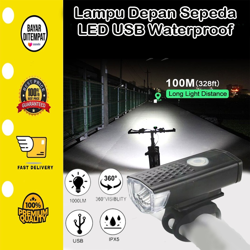 [BISA COD] Lampu Depan Sepeda LED 300LM Battery Charge  Bicycle LED USB Waterproof  Anti Air Original Box lengkap