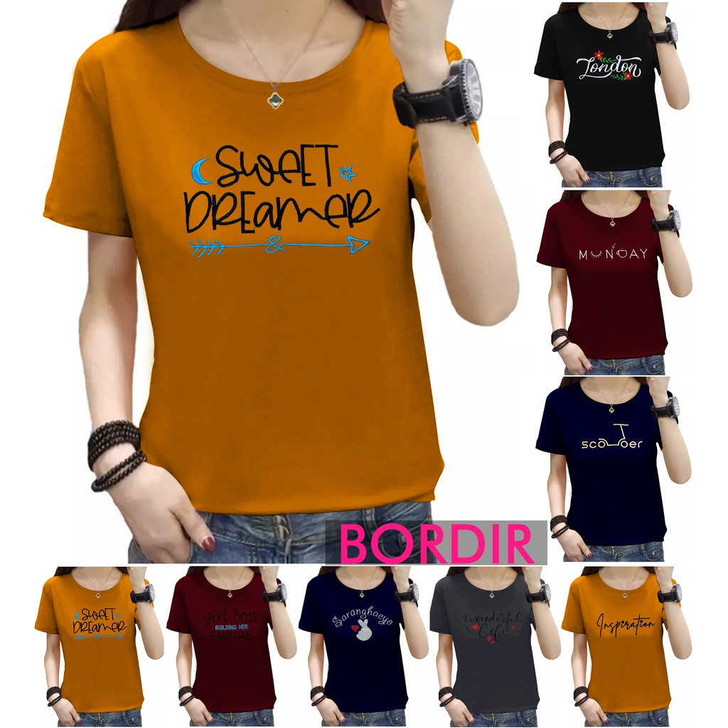 KAOS WANITA BORDIR BAJU ATASAN FASHION T SHIRT WANITA CEWEK PEREMPUAN CANTIK BEBY TERRY KAOS OBLONG