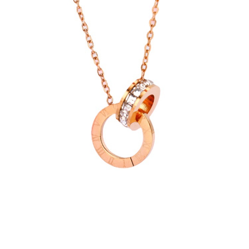 Kalung Rantai Dengan Liontin Cincin Ganda Aksen Berlian Imitasi Warna Rose Gold