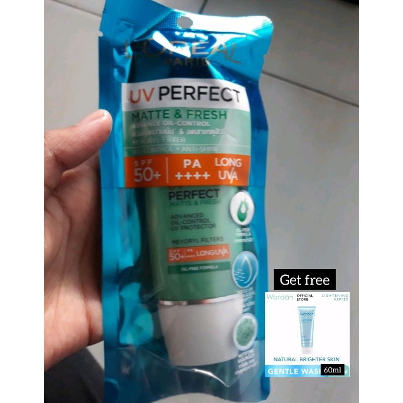Loreal Uv perfect Sunscreen Spf 50+ FREE wardah lightening gentle wash 60 ml