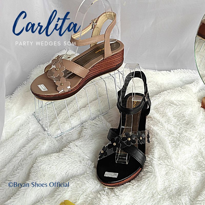Bryan Carlita Sandal Wedges 5cm Mika Tali Bunga Syantik Sendal Flower Mocca Black Sintetis Dove