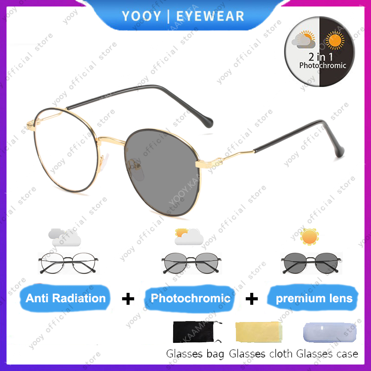 Kacamata Photochromic Anti Radiasi Uv400 Bentuk Bulat Bahan Metal Gaya Korea Untuk Pria Dan Wanita