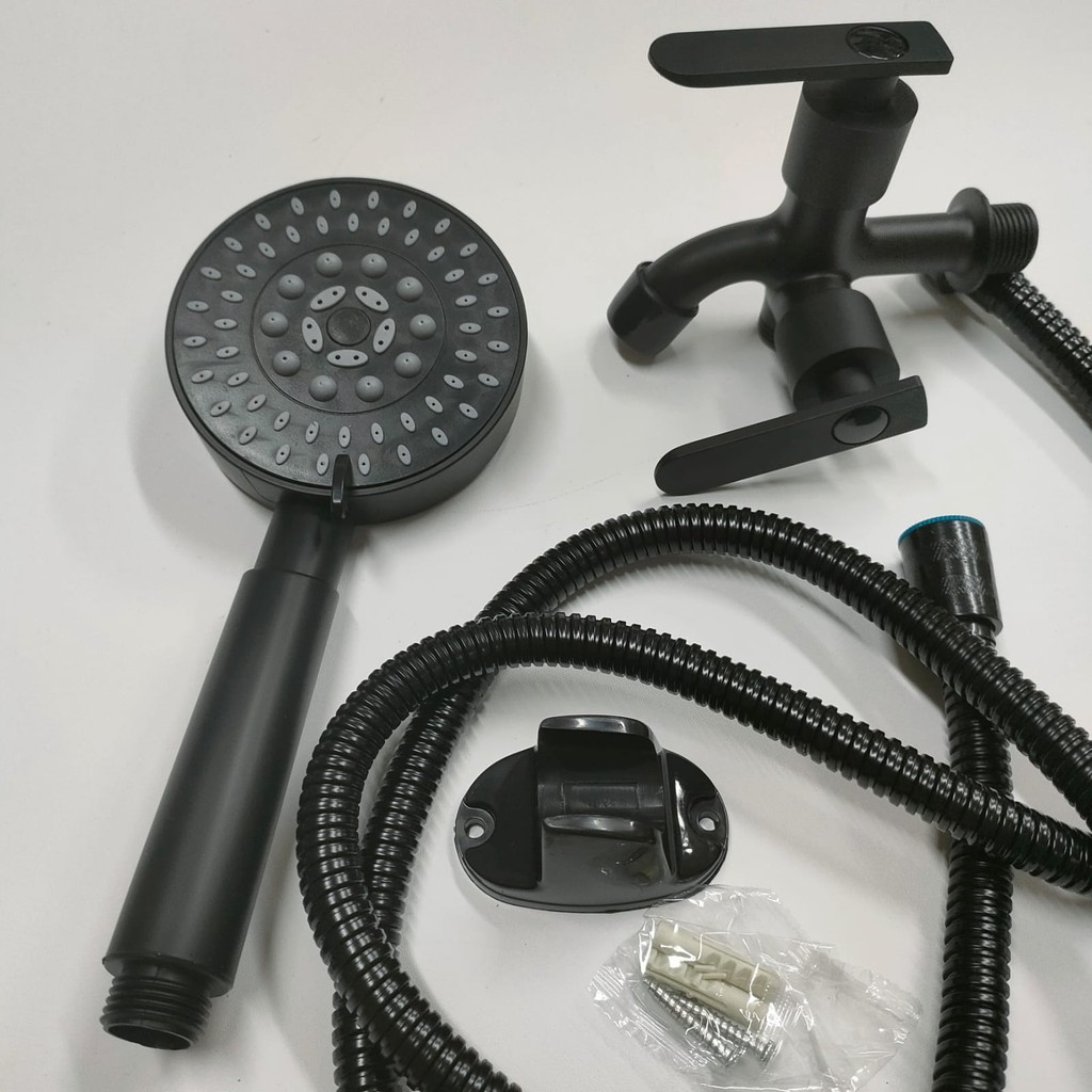 Paket Shower Lebih Hemat All Black- paket hand shower hitam 19004BL dan kran cabang FB hitam minimalis