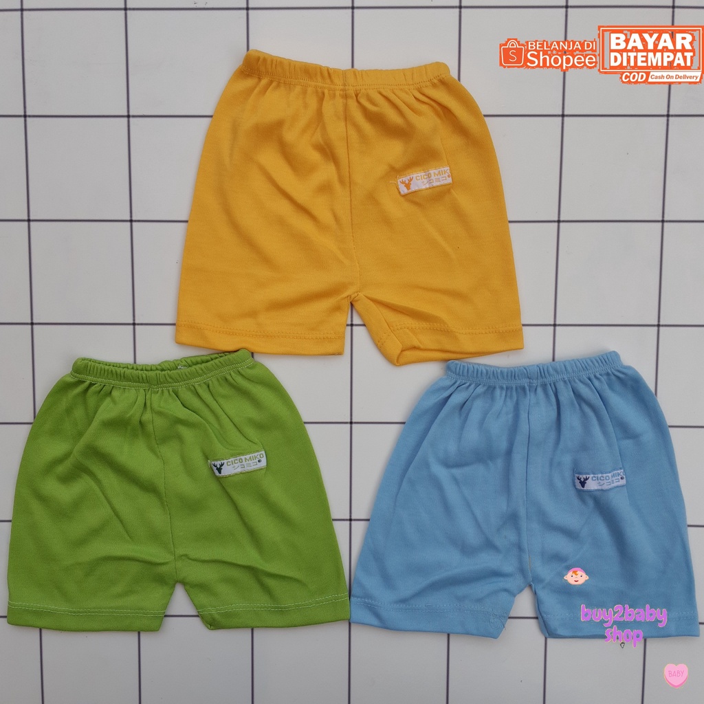 Celana pendek bayi model kotak dan POP Cico Miko Warna Polos bayi usia 0-3 Bulan 3 PCS