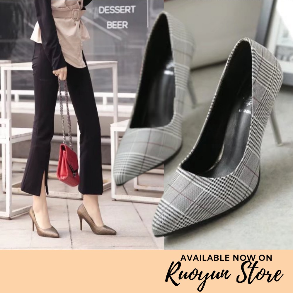 RYS - Plaid Pattern Sepatu Hak Wanita Fashion Kantoran/Pesta - Ori Import