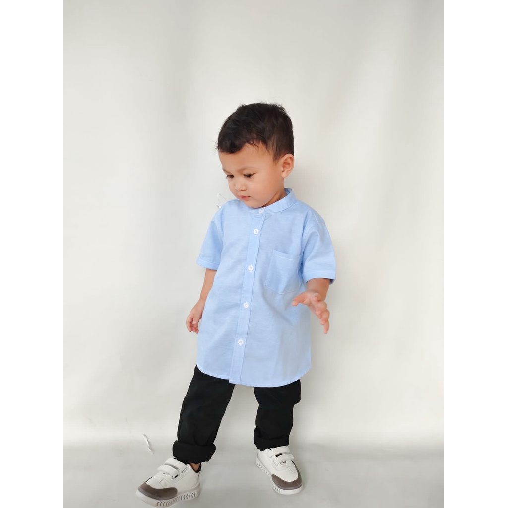 Yobebee Kemeja Katun Denim Tangan Pendek Anak Laki Laki Usia 2 4 6 8 10 12 Tahun Baju Atasan Kids Polos Remaja Tanggung Boy Shirt Model Casual Formal Kemeja Chiangi Kerah Anak Cowok